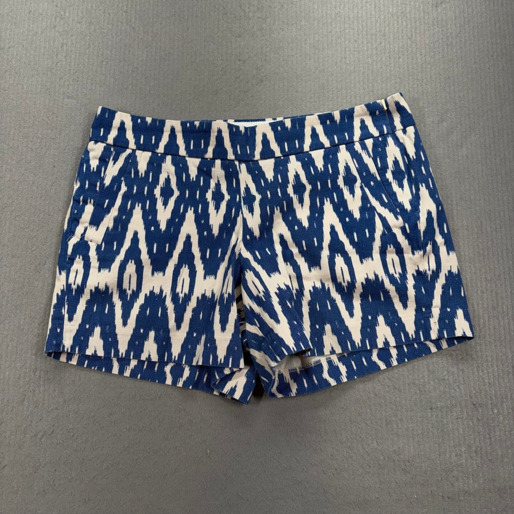 J.Crew‎ Ikat Diamond Shorts Womens 8 Blue White Cotton G2319 Side Zip Pocket
